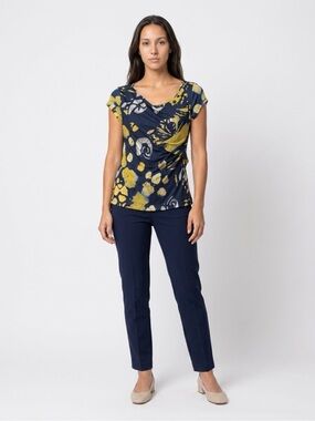 Wrap-Front Floral Short Sleeve Top in Navy and Yellow by Plazza Sempipne